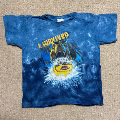90s Kids Vintage Universal Studios I Survived Jurassic Park Glow In the Dark Print Blue Tie Dye Single Stitch Short Sleeve 100% Cotton T-Shirt M 5Y 6Y