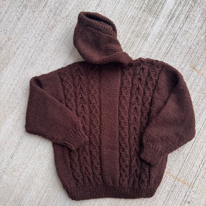 Kids Vintage Hand Knit Nonia New Foundland Brown Cardigan With Hood Sweater 6Y 7Y 8Y