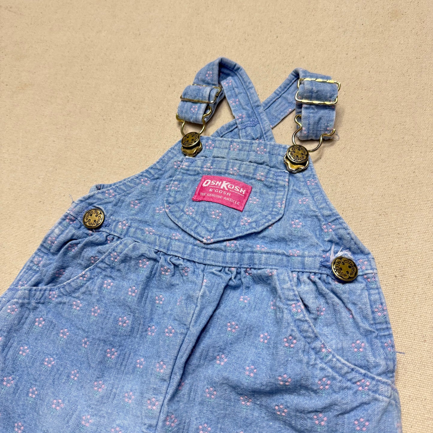 90s Kids Infant Baby Vintage Oshkosh Bgosh Flower AOP Denim Shortall / 0m 3m 6m