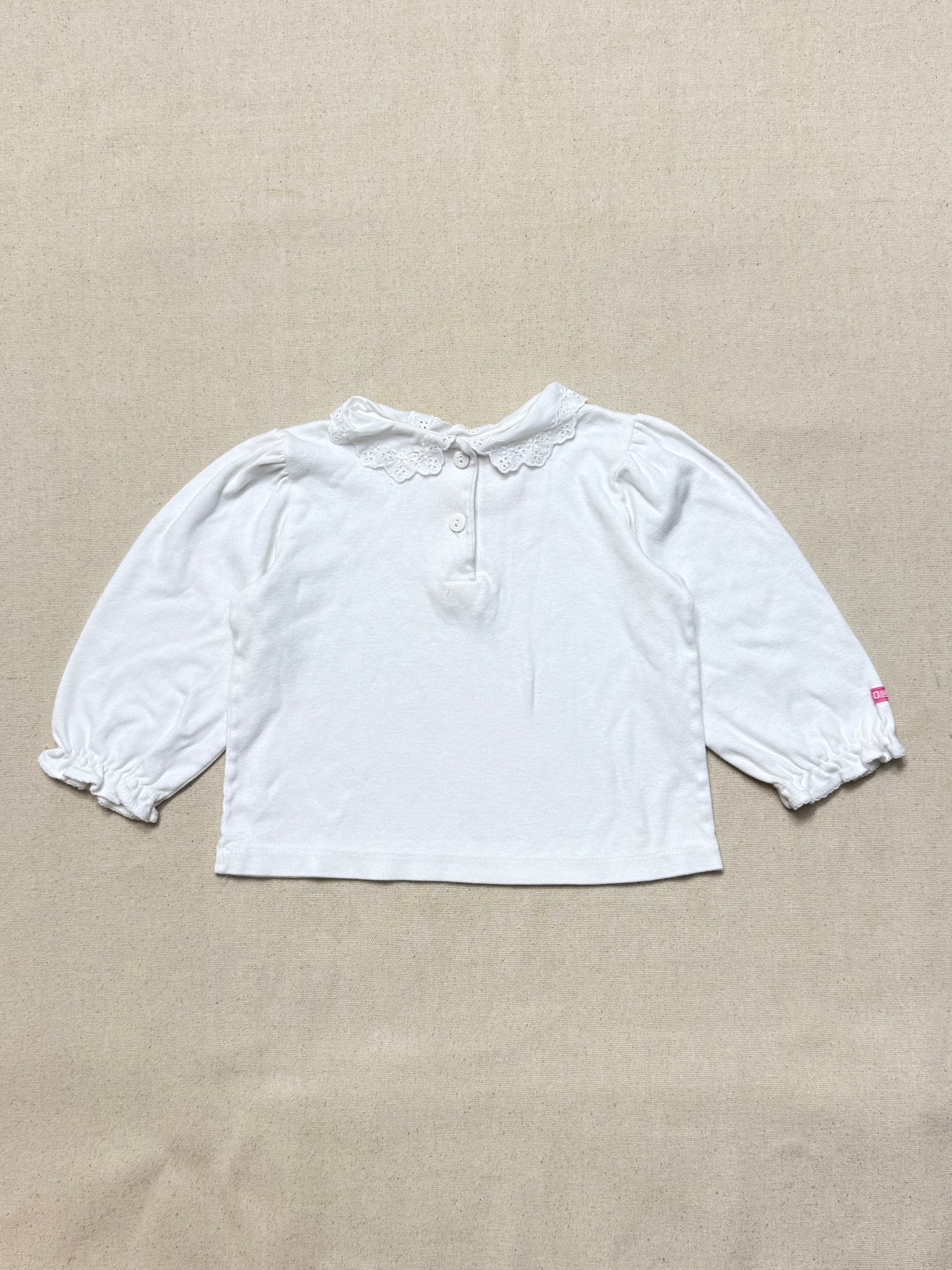 90s Kids Toddler Vintage Oshkosh Bgosh Lace Collared White Puffsleeve Longsleeve Top / 2T 3T / Made in USA