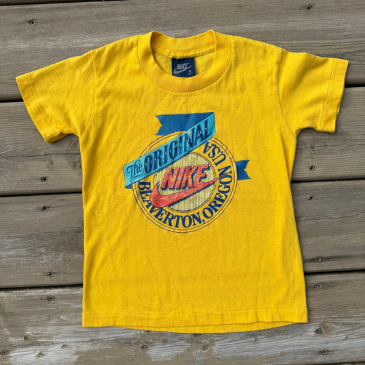 80s Kids Nike Yellow Beaverton Oregon T-Shirt S 6/8Y