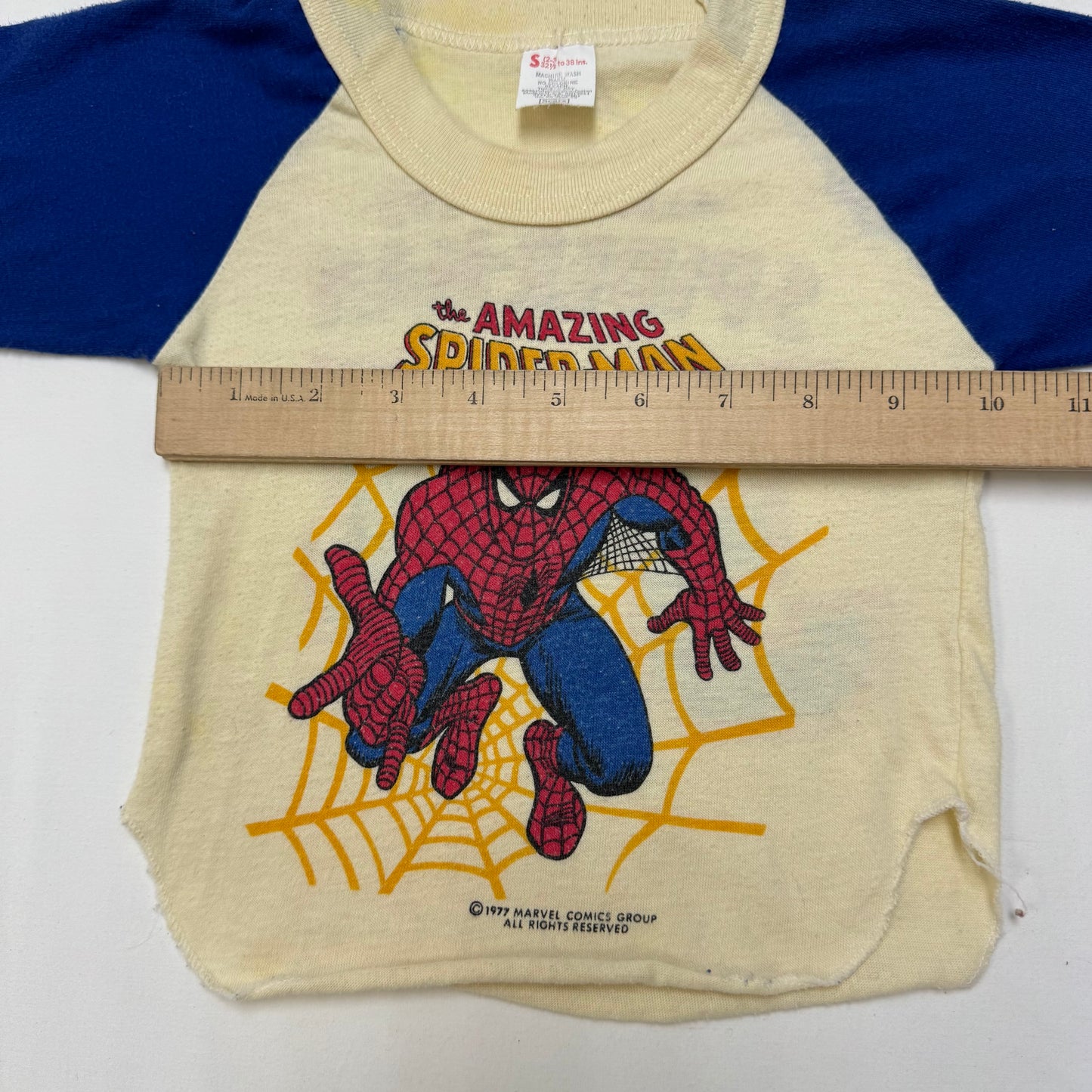 1977 Kids Baby Vintage Marvel The Amazing Spiderman Double Sided Raglan Light Yellow 3/4 Sleeve Single Stitch T-Shirt 2T 3T Made in USA