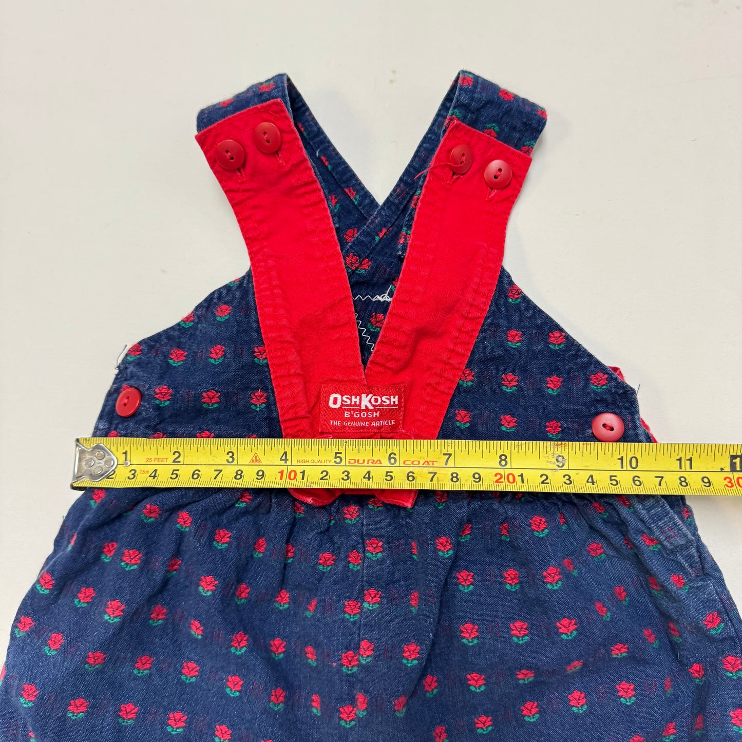 90s Kids Toddler Infant Vintage Baby B’Gosh Oshkosh Criss Cross  Dark Denim Red Flower Print AOP Romper //2T / Made in USA