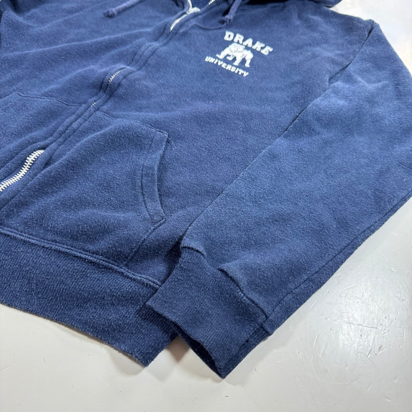 80s Kids Youth Vintage Drake University Flock Print Navy Zip Hooded Sweatshirt Made in USA L 14Y 16Y