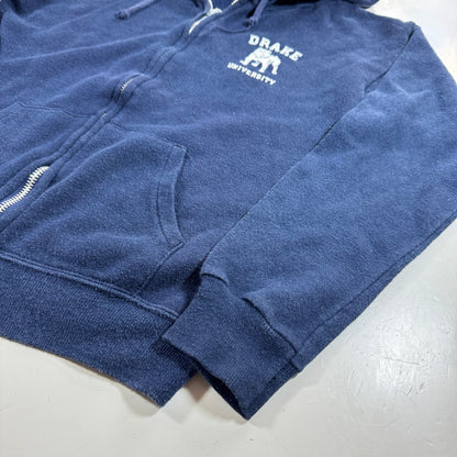 80s Kids Youth Vintage Drake University Flock Print Navy Zip Hooded Sweatshirt Made in USA L 14Y 16Y