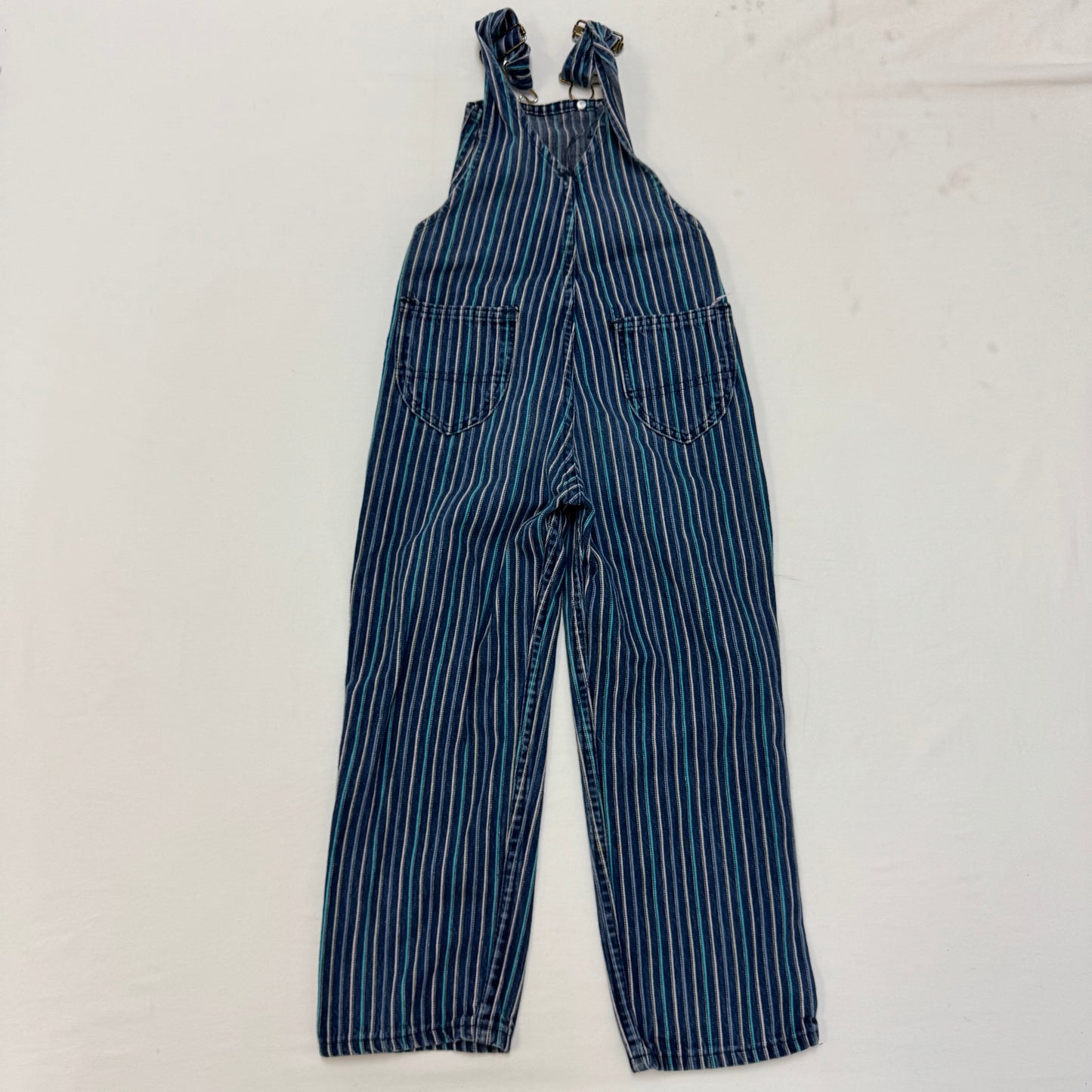 70s Kids Vintage Washington Dee Cee Sanforized Blue Denim Long Pant Striped Overalls With Adjustable Straps 6Y Made in USA