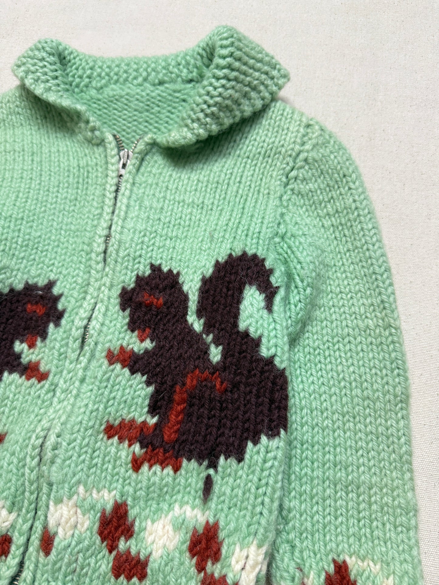 50s 60s Kids Toddler Vintage Mint Green Squirrel Lightning Zipper Cowichan Sweater / 3T 4T 5T