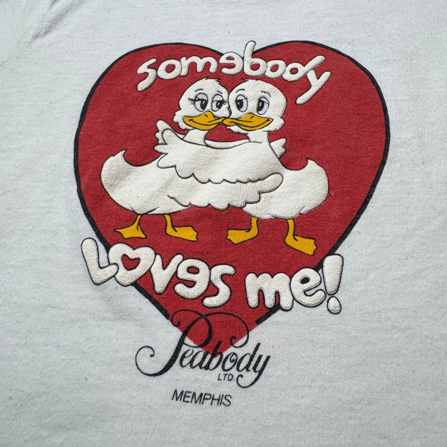 90s Kids Toddler Vintage Somebody Loves Me! Peabody Memphis Cute Cartoon Ducks on a Single Stitch Short Sleeve White  T-Shirt XS 2Y 3Y Made in USA