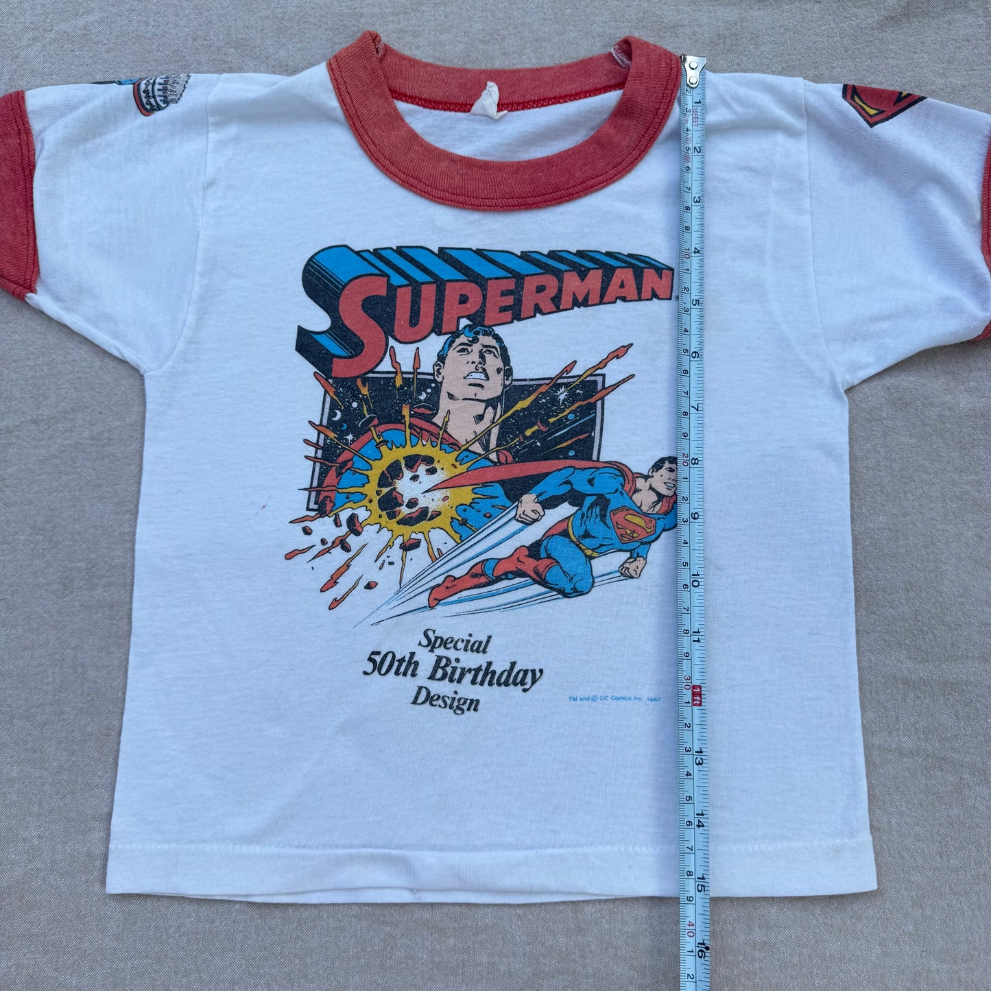 80s Kids Toddler Vintage Ringer Superman Special 50Th Birthday Design Short Sleeve White T-Shirt  3Y 4Y 5Y