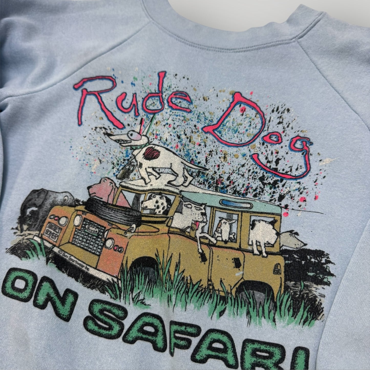 90s Kids Vintage Rude Dog On Safari Light Blue Crew Sweatshirt 6Y 7Y 8Y