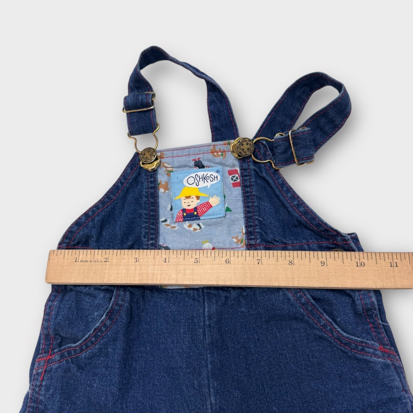 Baby Vintage 100% Cotton Denim Oshkosh Overall Farm Friends With Cuff Print 12M Made In USA