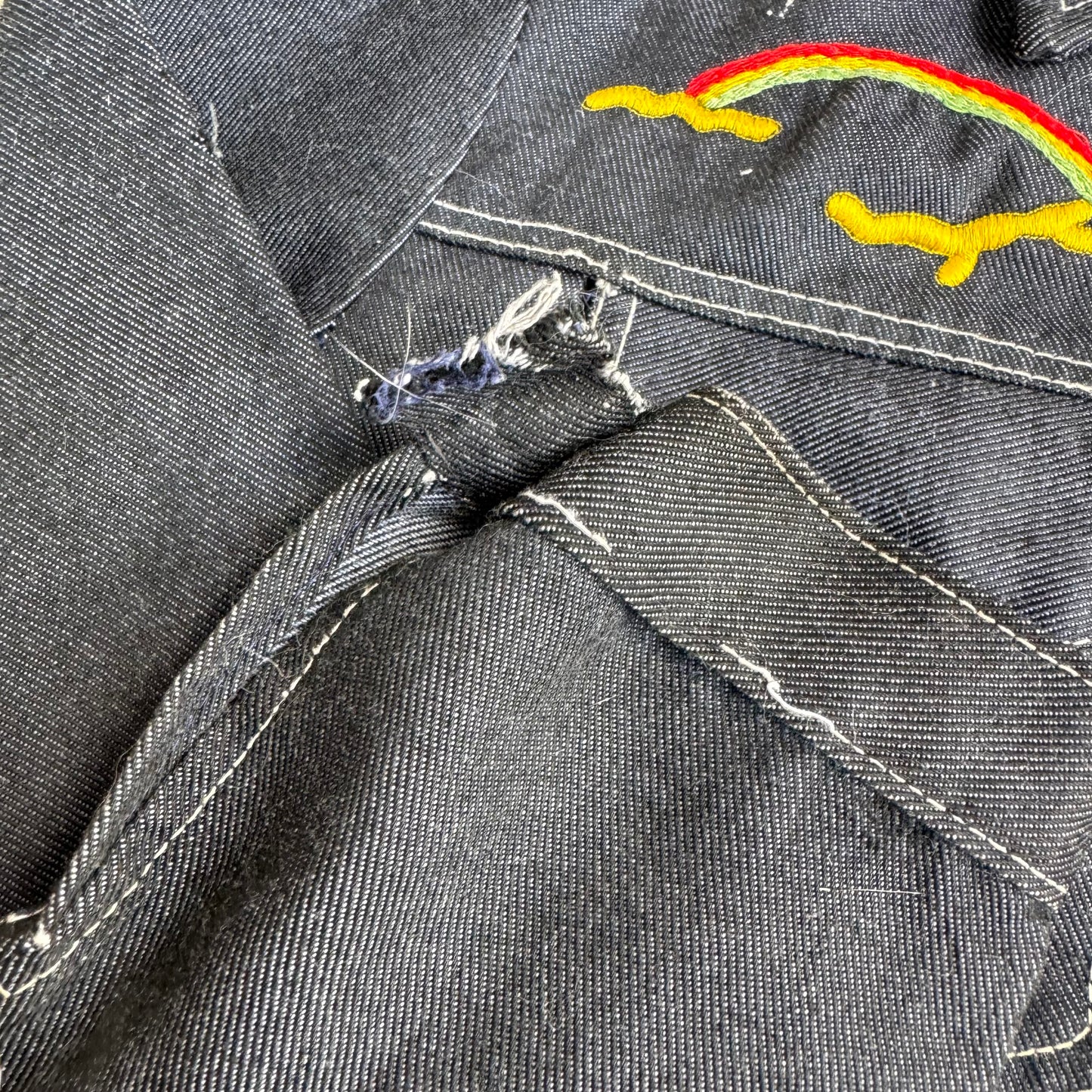 80s Kids Toddler Vintage Dark Denim Snap Double Pocket Long Sleeve Jacket With Cute Embroidered Patches Front And Back 4Y 5Y