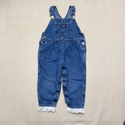 2000’ Y2K Kids Toddler Vintage Oshkosh Bgosh Lace Hand Stitched Loose Fit Denim Overall / 3T