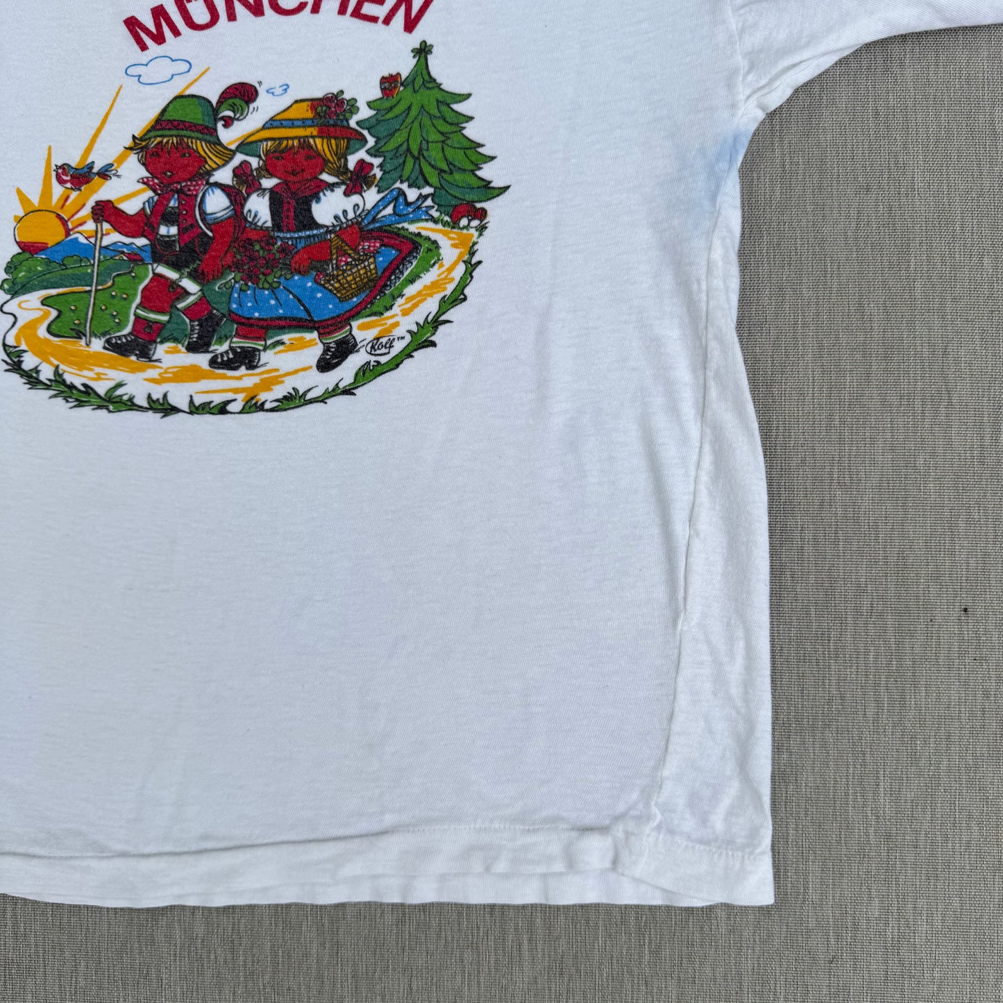70s Kids Vintage Monchen Yoddlers Print SouvenirWhite 100% Cotton Single Stitch Short Sleeve T-Shirt 10Y Baby Tee XS Adult