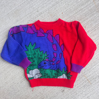 80s 90s Kids Toddler Vintage Dinosaur Knit Sweater S 4Y 5Y