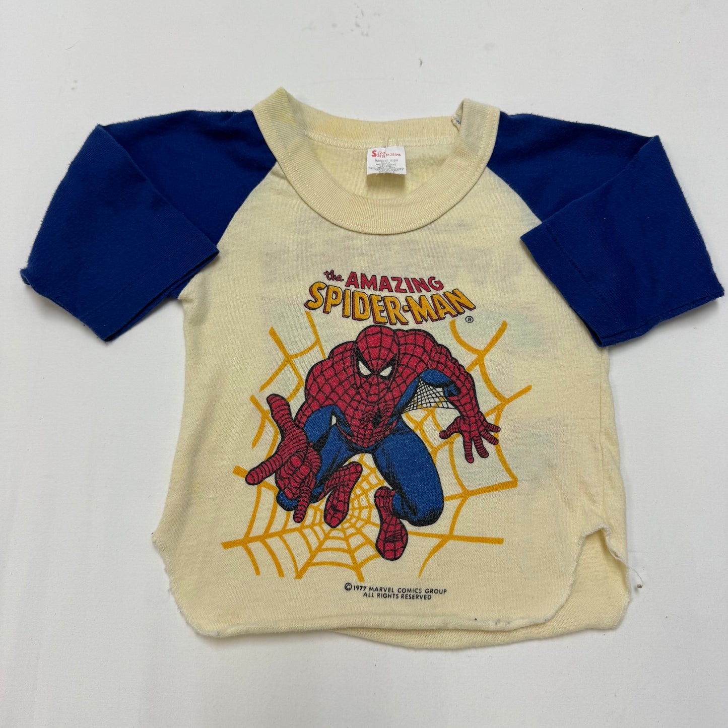 1977 Kids Baby Vintage Marvel The Amazing Spiderman Double Sided Raglan Light Yellow 3/4 Sleeve Single Stitch T-Shirt 2T 3T Made in USA