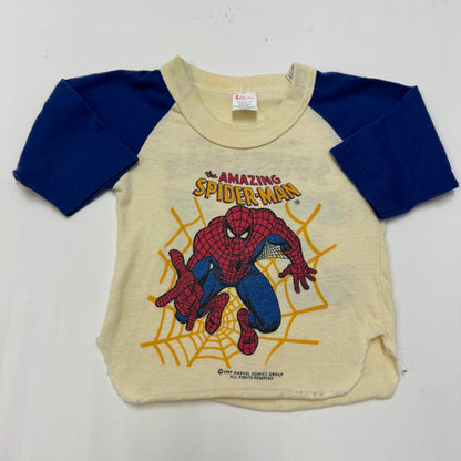 1977 Kids Baby Vintage Marvel The Amazing Spiderman Double Sided Raglan Light Yellow 3/4 Sleeve Single Stitch T-Shirt 2T 3T Made in USA